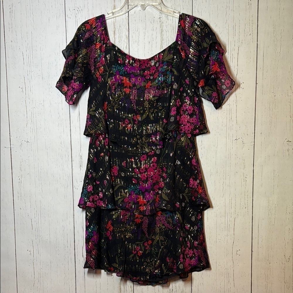 Trina Turk Tiered Ruffle Sheath Black Multicolor Floral Dress Size Small